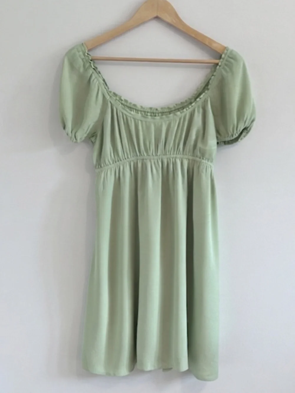 Aritzia Sunday Best Hadley Babydoll Mini Dress Sage Green Smocked Puff Sleeve S - Picture 2 of 11